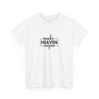 Front view of white t-shirt with black text Make Heaven Crowded centered on chest