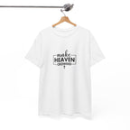 Front view of white t-shirt with black text Make Heaven Crowded centered on chest. Displayed on a hanger.