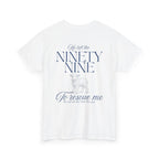 Back view of White t-shirt with blue text from Luke chapter 15 and lamb graphic.