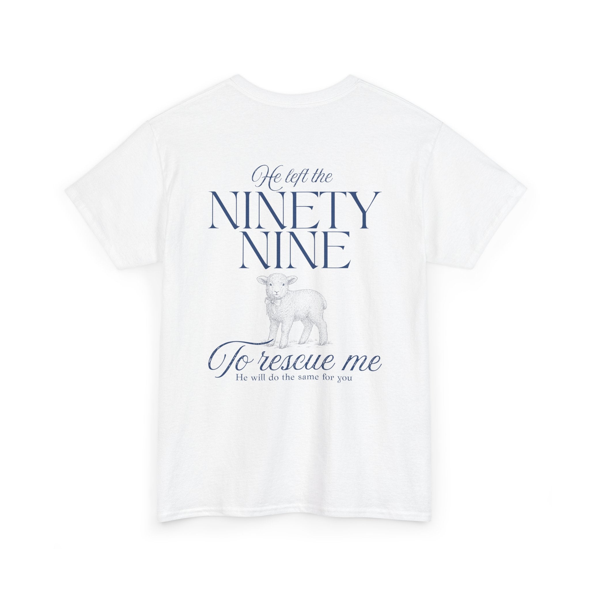 Back view of White t-shirt with blue text from Luke chapter 15 and lamb graphic.