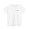 Front view of white t-shirt with blue '99' graphic on left chest