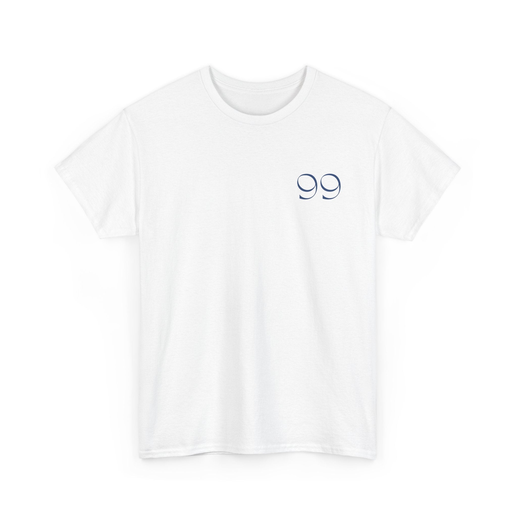 Front view of white t-shirt with blue '99' graphic on left chest